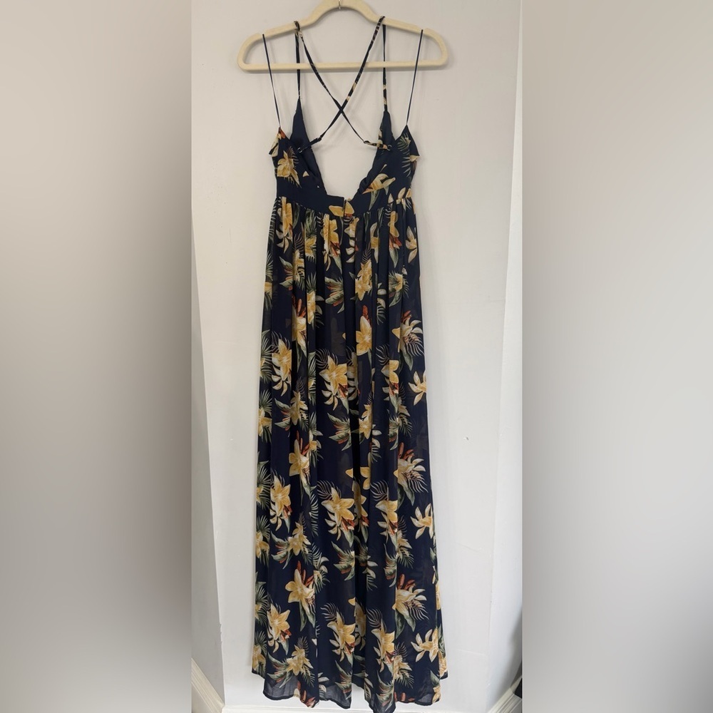 Ricarica Women’s Small Navy Floral Print Backless Deep V Full Skirt Maxi Dress - Picture 3 of 8